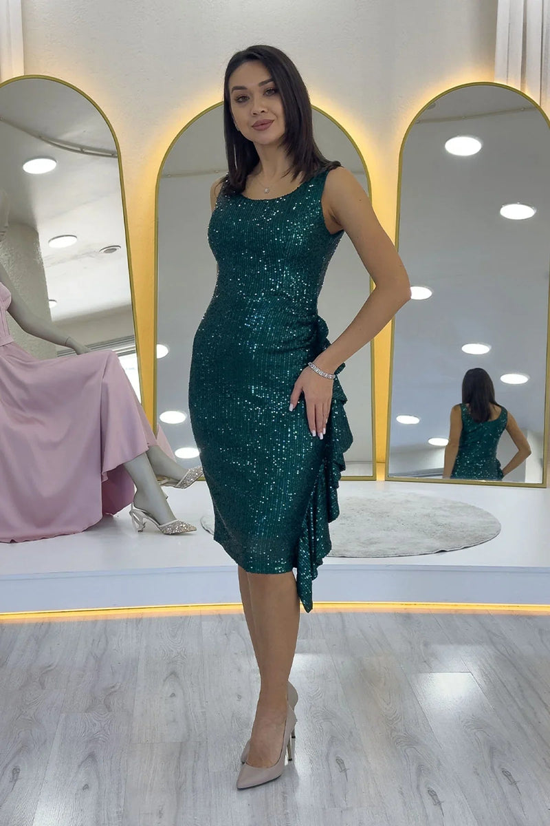 Women's Green Sequin Thick Strap Midi FırFır Detail Evening Gown