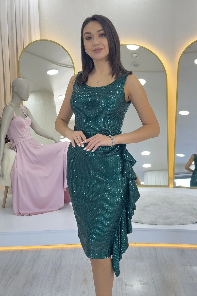 Women's Green Sequin Thick Strap Midi FırFır Detail Evening Gown