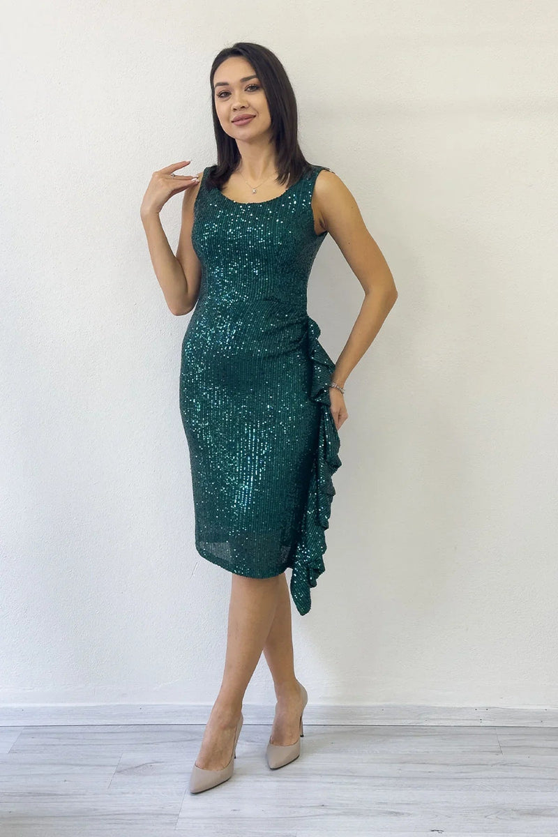 Women's Green Sequin Thick Strap Midi FırFır Detail Evening Gown