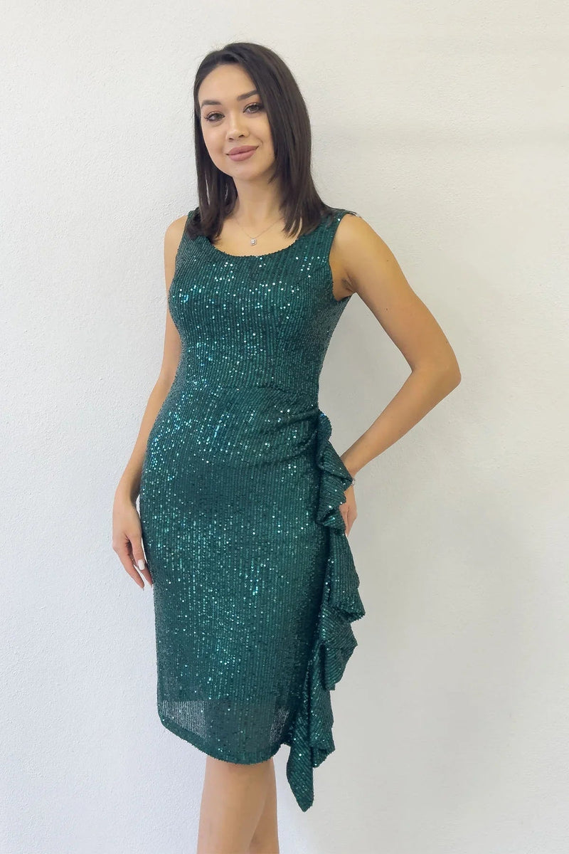 Women's Green Sequin Thick Strap Midi FırFır Detail Evening Gown