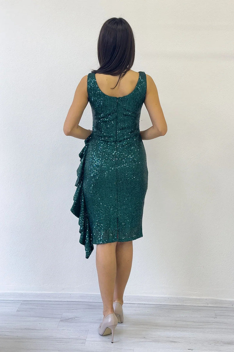 Women's Green Sequin Thick Strap Midi FırFır Detail Evening Gown