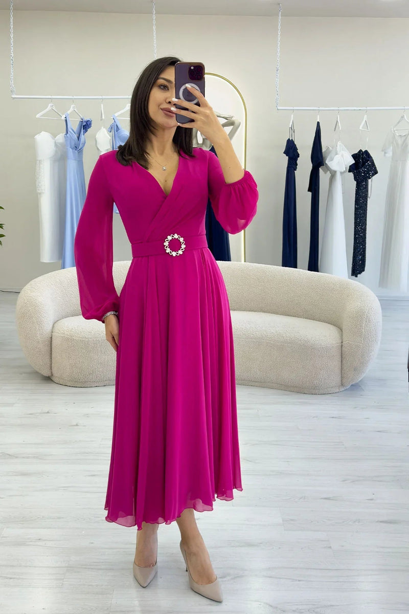 Women's Fuchsia Wrap Belted Midi Chiffon Dress