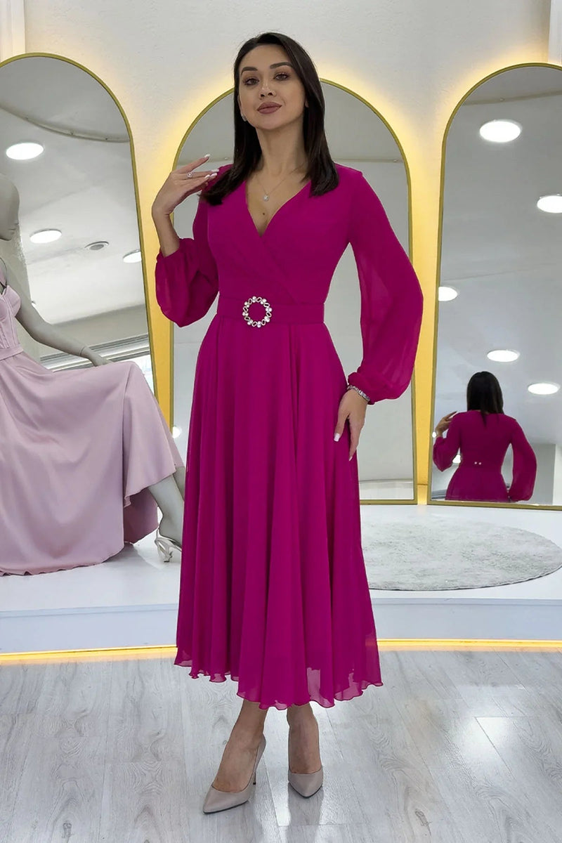 Women's Fuchsia Wrap Belted Midi Chiffon Dress