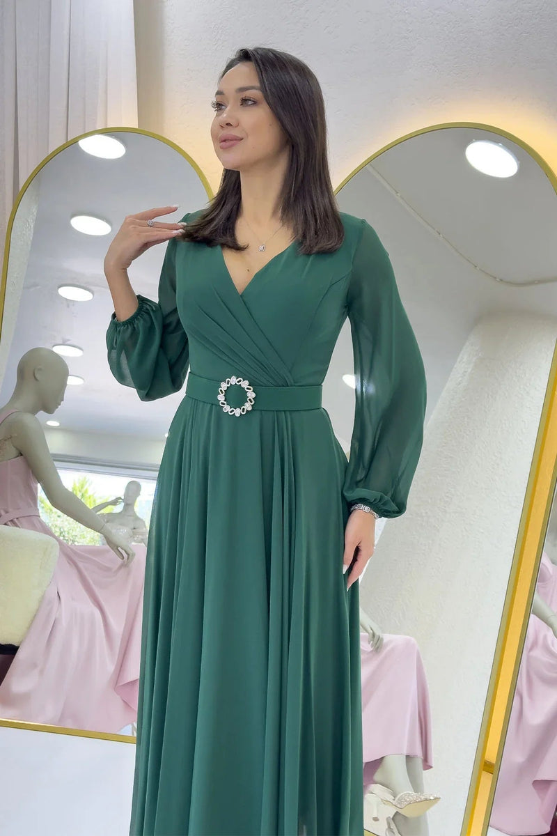 Women's Green Wrap Belted Midi Chiffon Dress