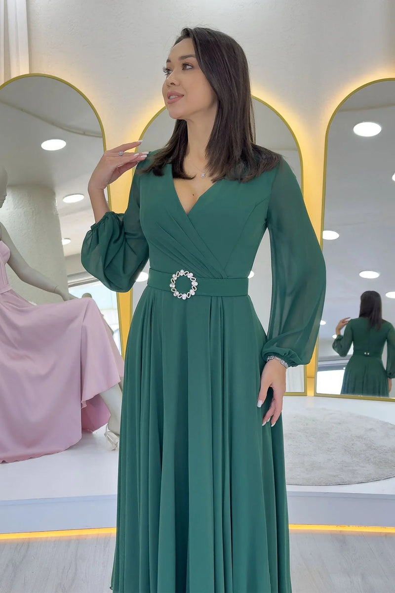 Women's Green Wrap Belted Midi Chiffon Dress