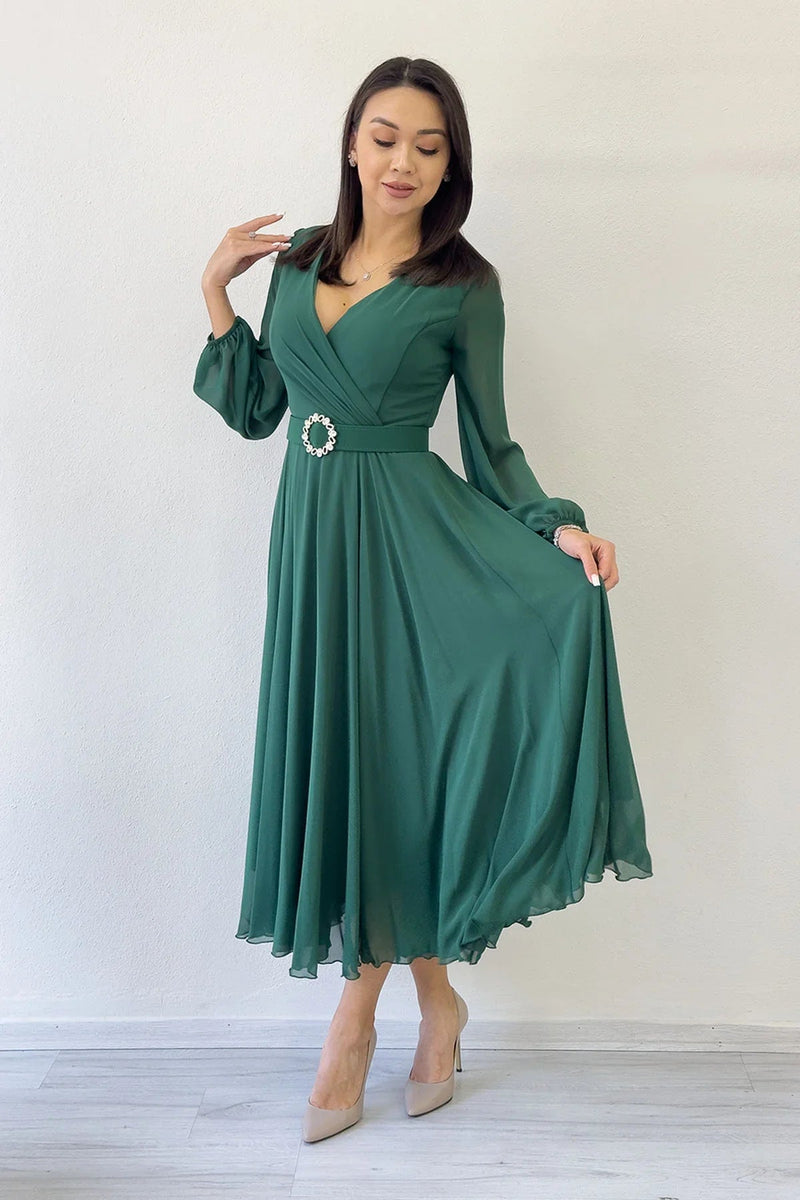 Women's Green Wrap Belted Midi Chiffon Dress