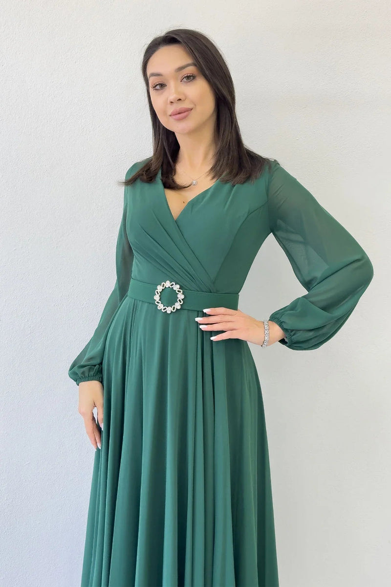 Women's Green Wrap Belted Midi Chiffon Dress