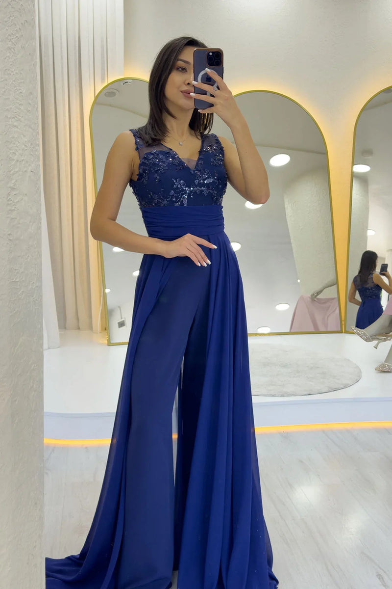 Women's Navy Blue V-Neck Embellished Train Evening Gown Jumpsuit