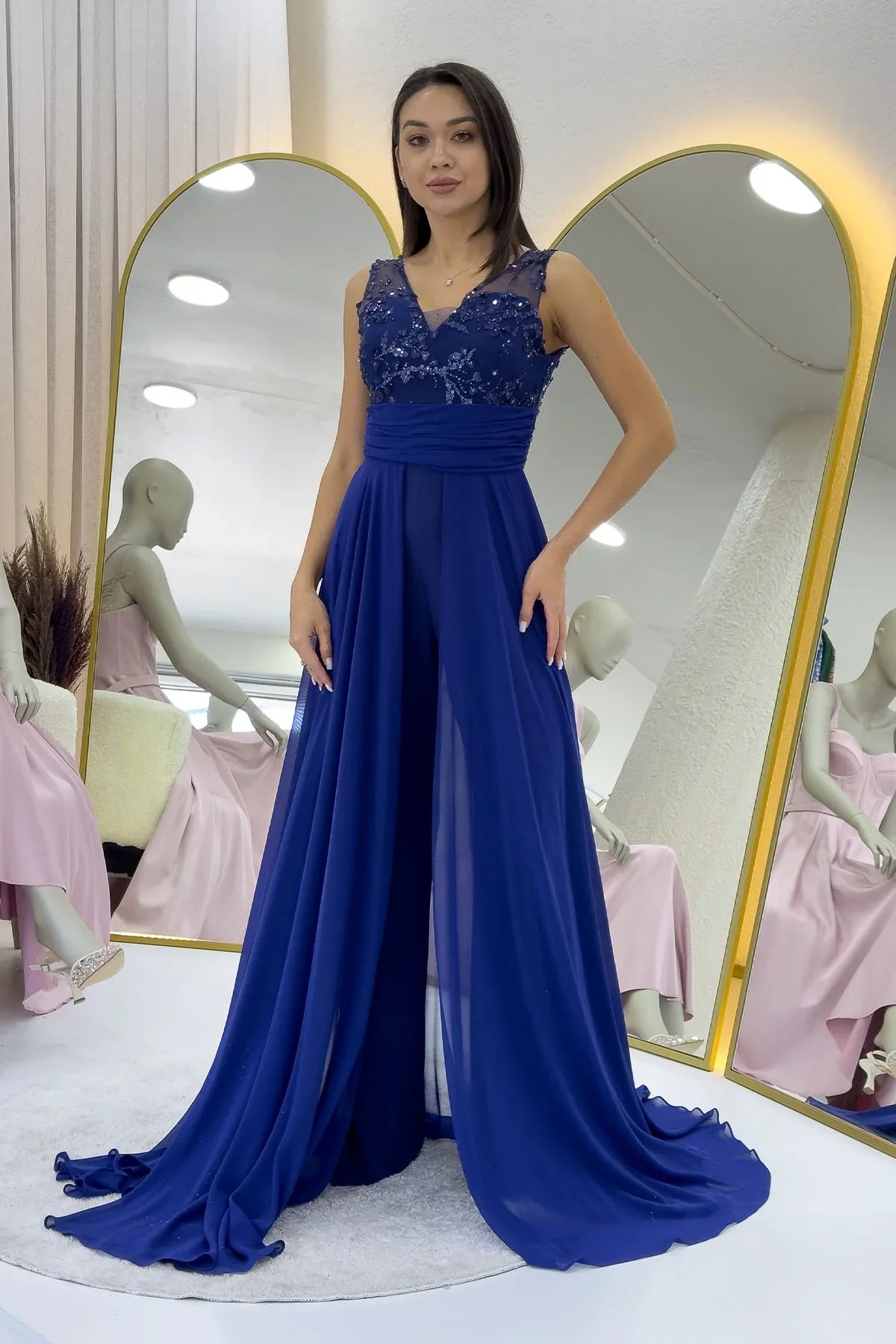 Women's Navy Blue V-Neck Embellished Train Evening Gown Jumpsuit