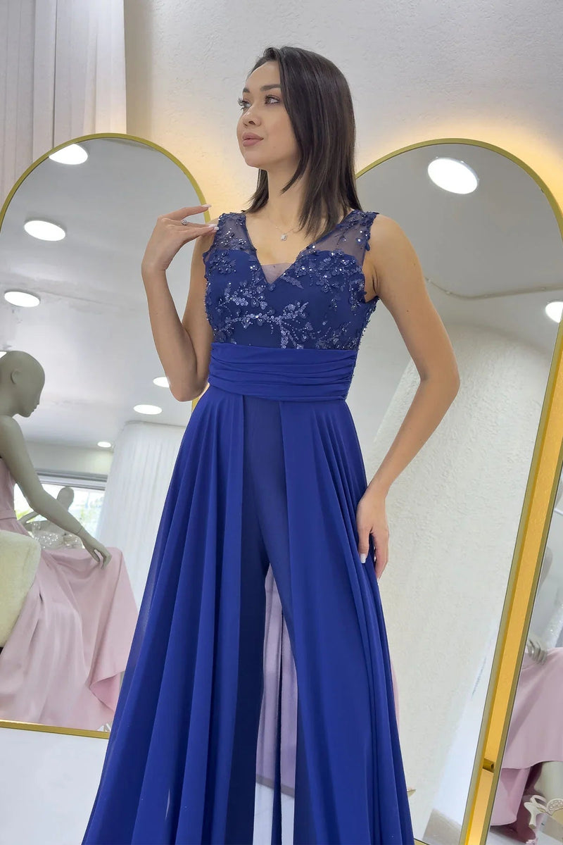 Women's Navy Blue V-Neck Embellished Train Evening Gown Jumpsuit