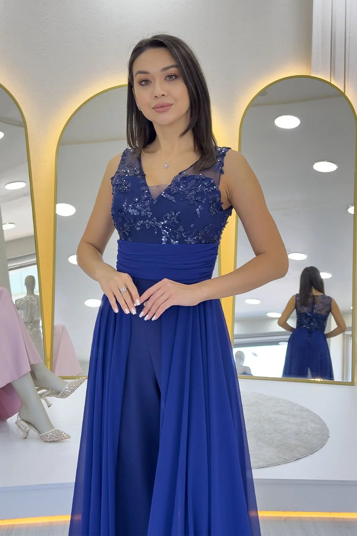 Women's Navy Blue V-Neck Embellished Train Evening Gown Jumpsuit