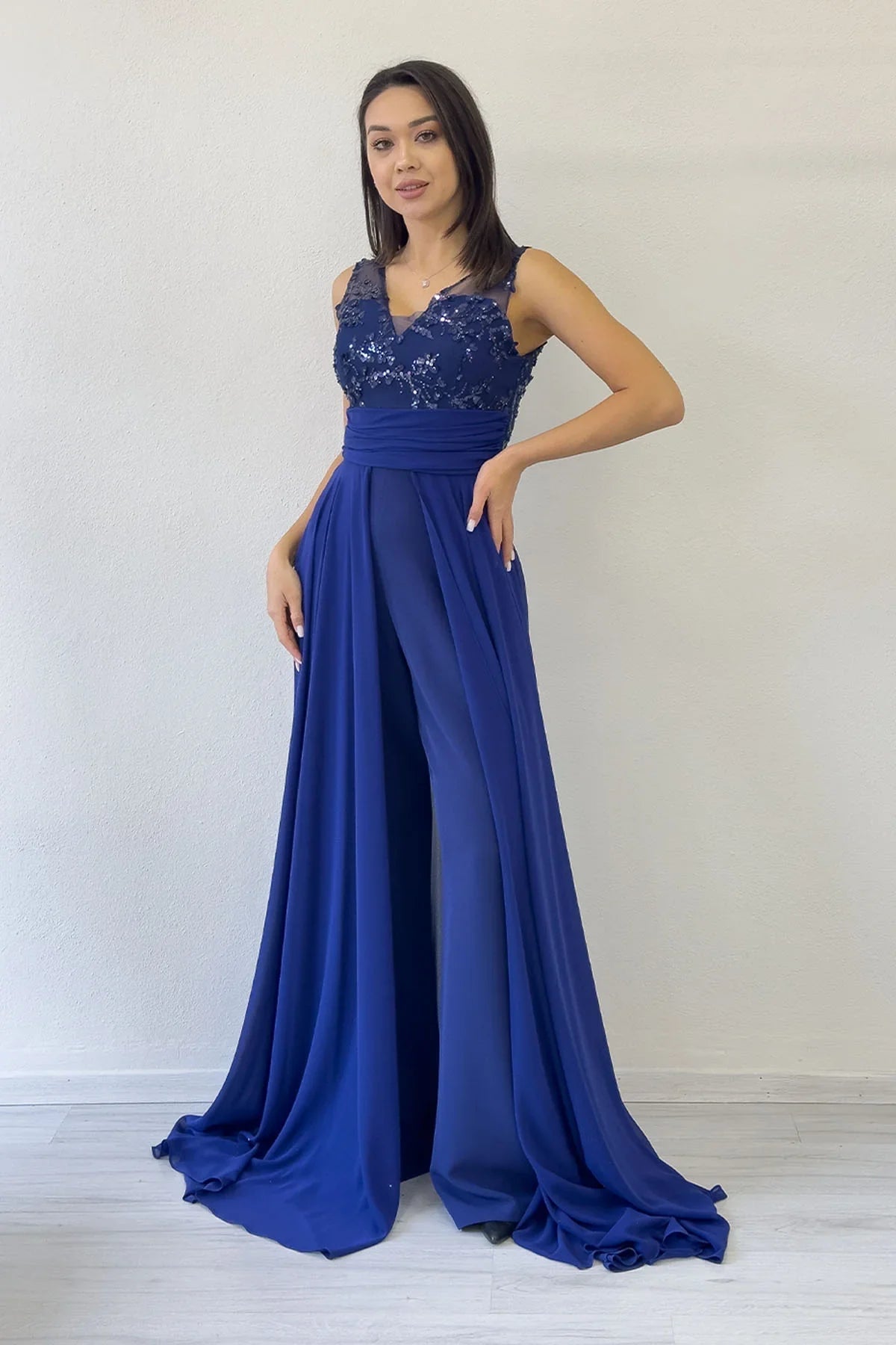 Women's Navy Blue V-Neck Embellished Train Evening Gown Jumpsuit