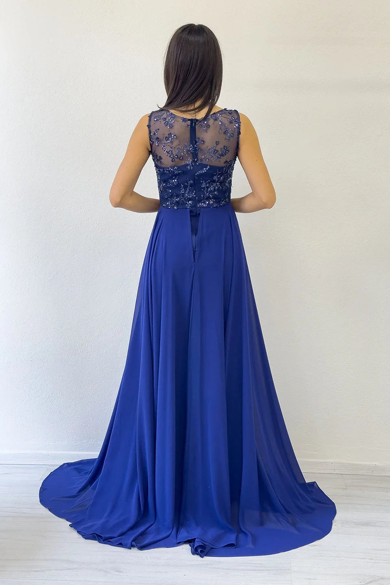 Women's Navy Blue V-Neck Embellished Train Evening Gown Jumpsuit