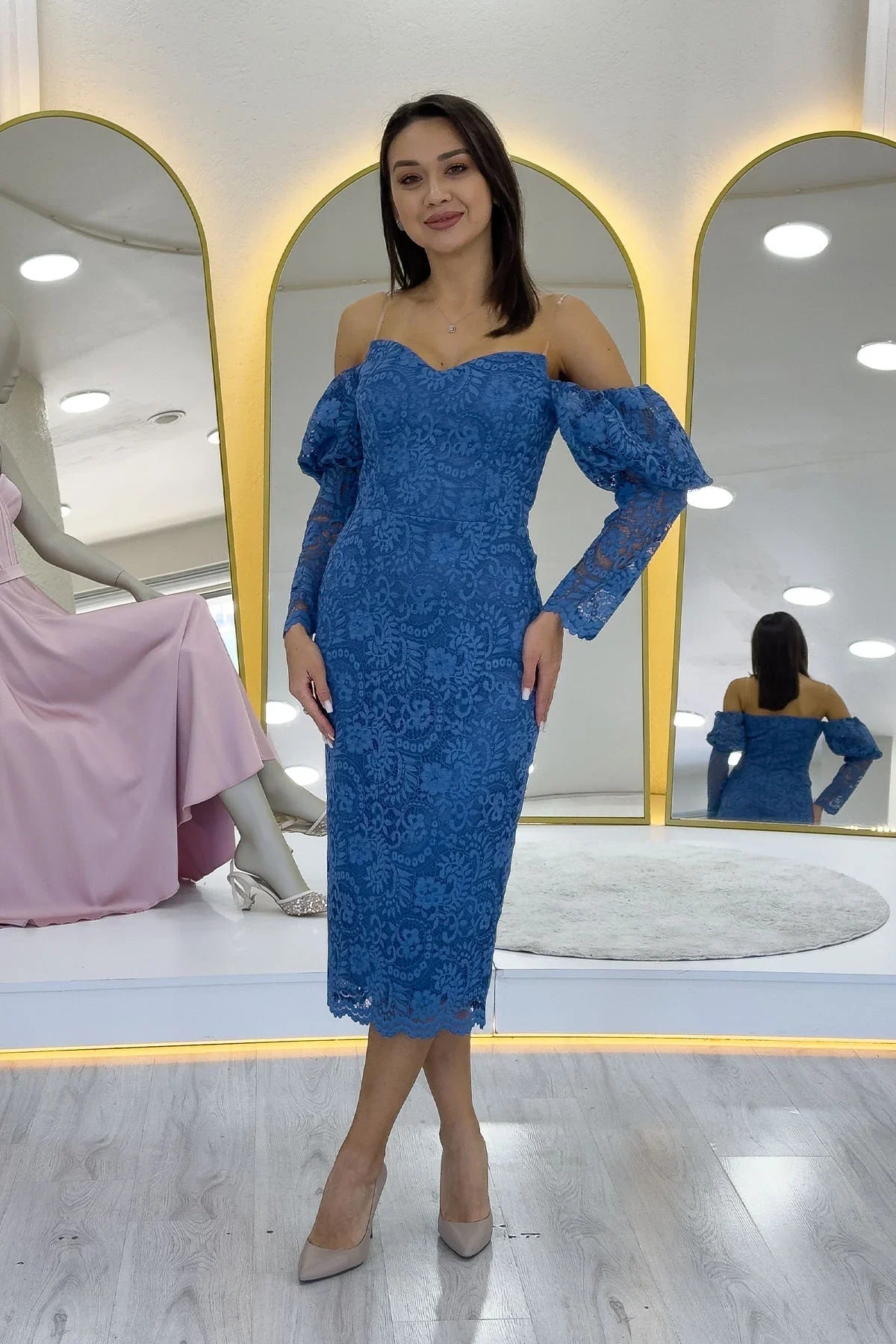 Women's Indigo Off-Shoulder Balloon Sleeve Lace Evening Gown