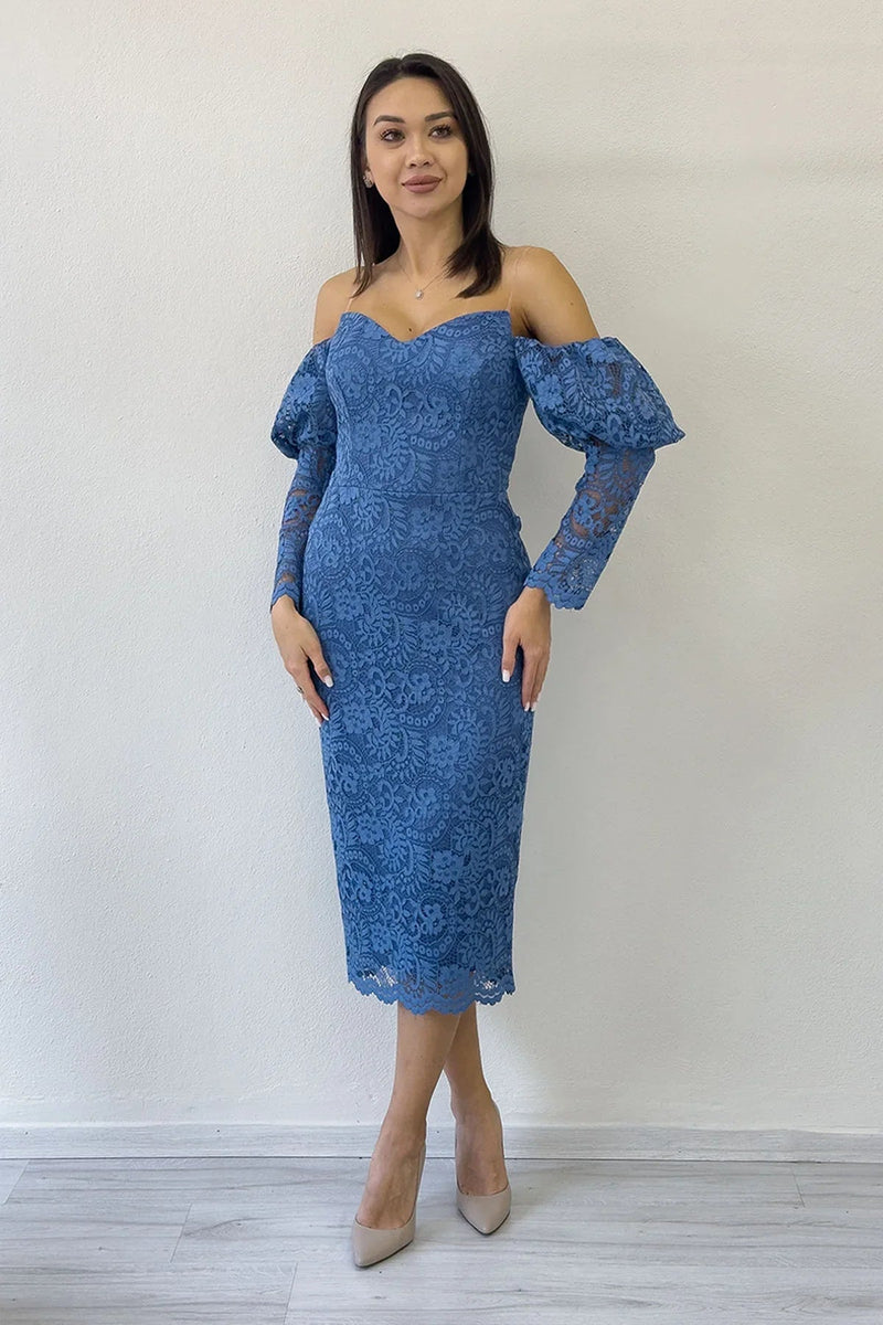 Women's Indigo Off-Shoulder Balloon Sleeve Lace Evening Gown