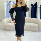 Black Off-Shoulder Lace Midi Pencil Dress