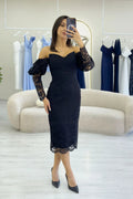 Black Off-Shoulder Lace Midi Pencil Dress