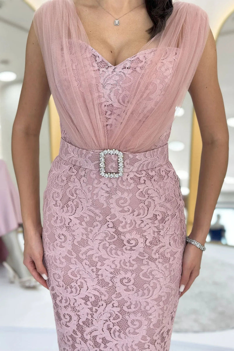 Women's Powder Pink Lace Kumaş Tulle Detail Belted Midi Evening Gown