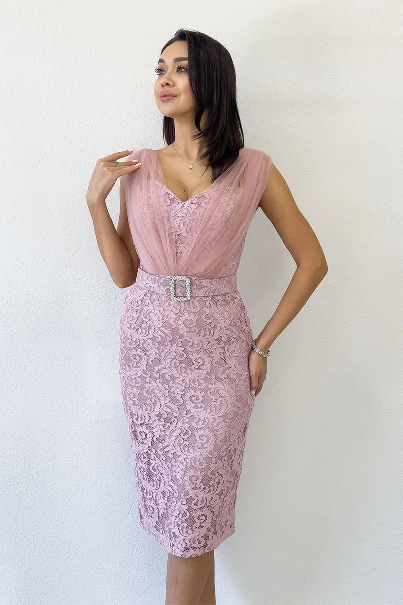 Women's Powder Pink Lace Kumaş Tulle Detail Belted Midi Evening Gown