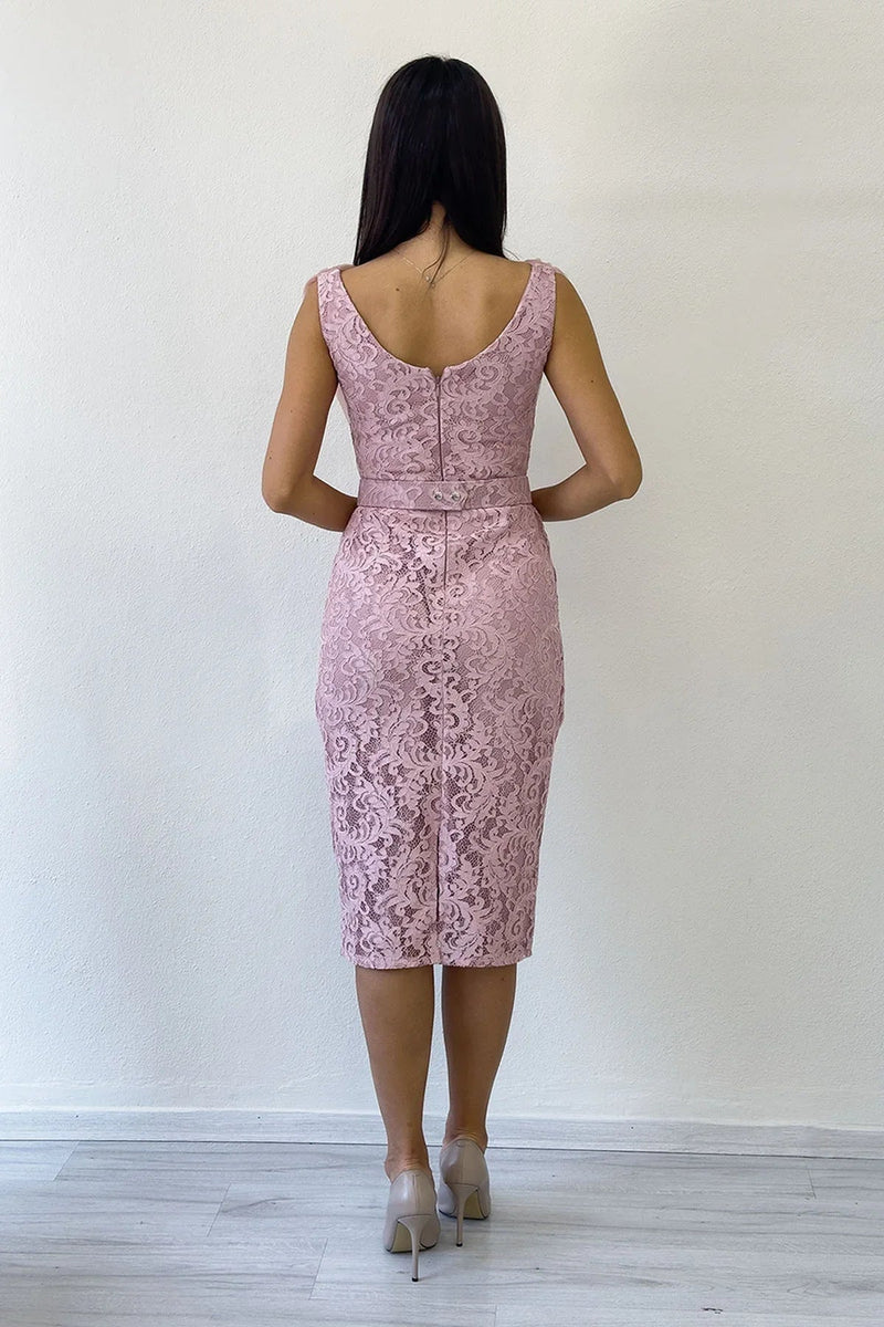 Women's Powder Pink Lace Kumaş Tulle Detail Belted Midi Evening Gown