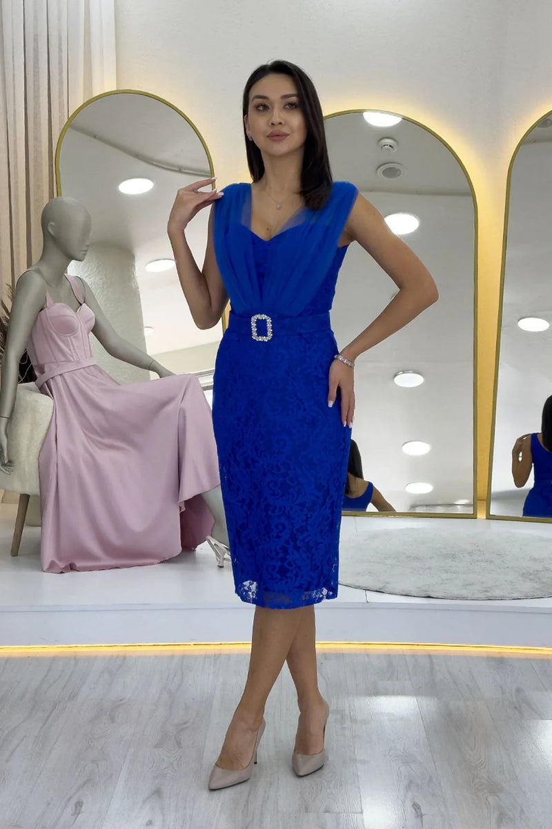 Women's Saxe Blue Lace Kumaş Tulle Detail Belted Midi Evening Gown