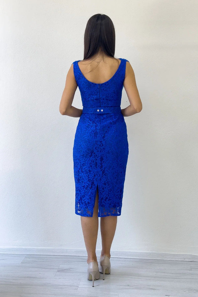 Women's Saxe Blue Lace Kumaş Tulle Detail Belted Midi Evening Gown