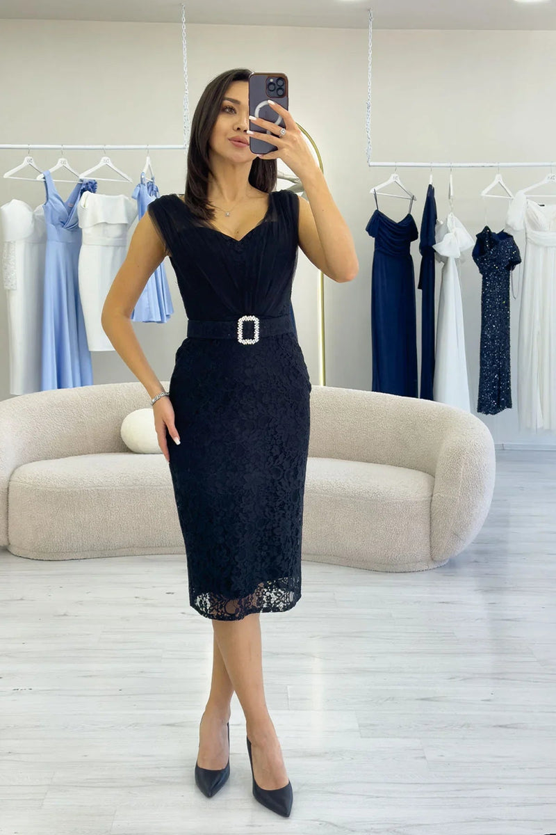 Women's Black Lace Kumaş Tulle Detail Belted Midi Evening Gown