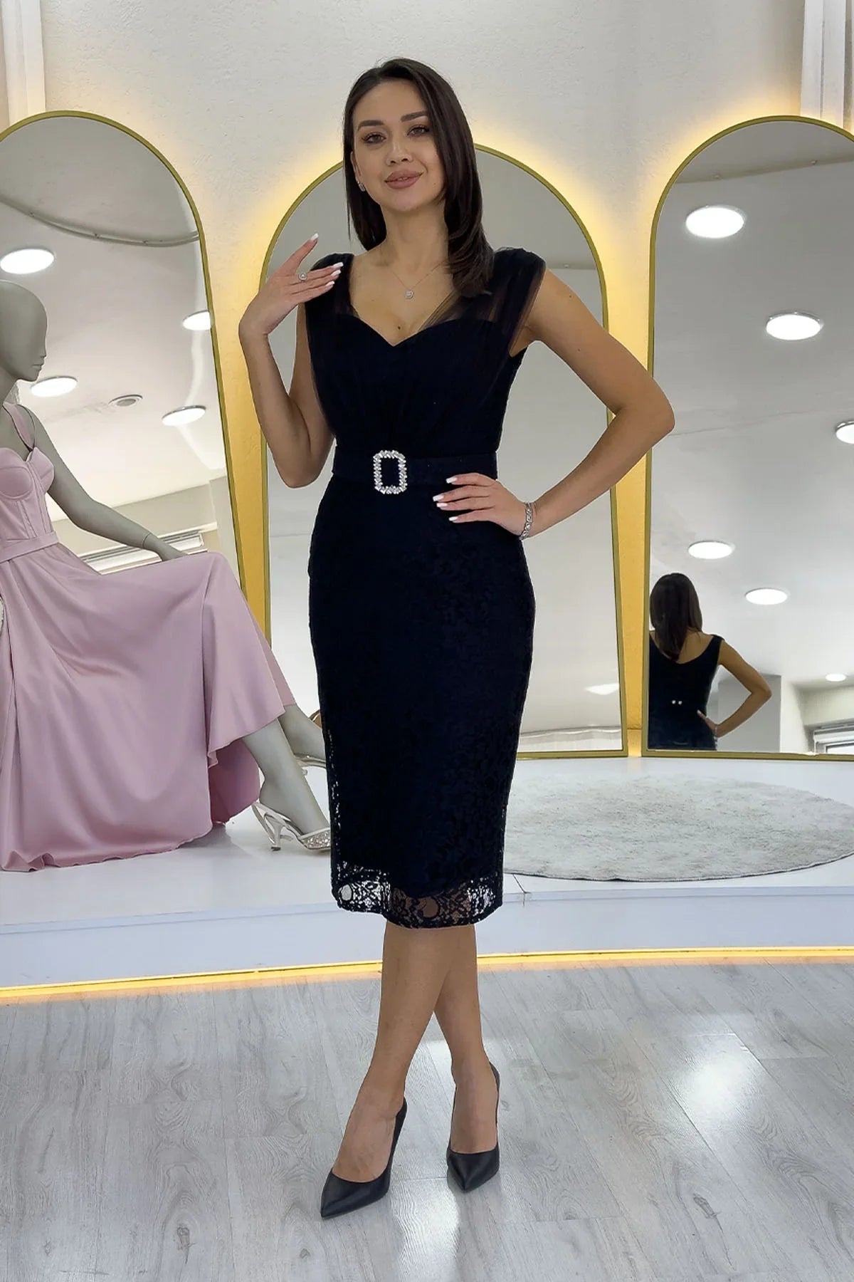 Women's Black Lace Kumaş Tulle Detail Belted Midi Evening Gown