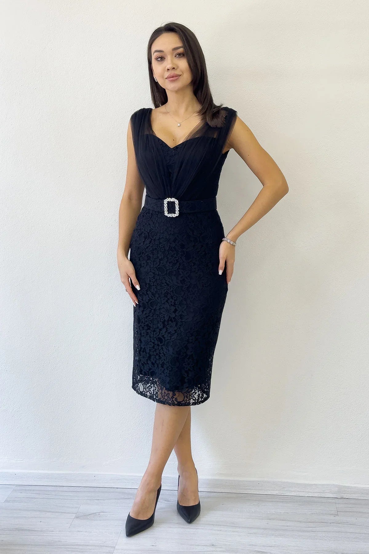 Women's Black Lace Kumaş Tulle Detail Belted Midi Evening Gown