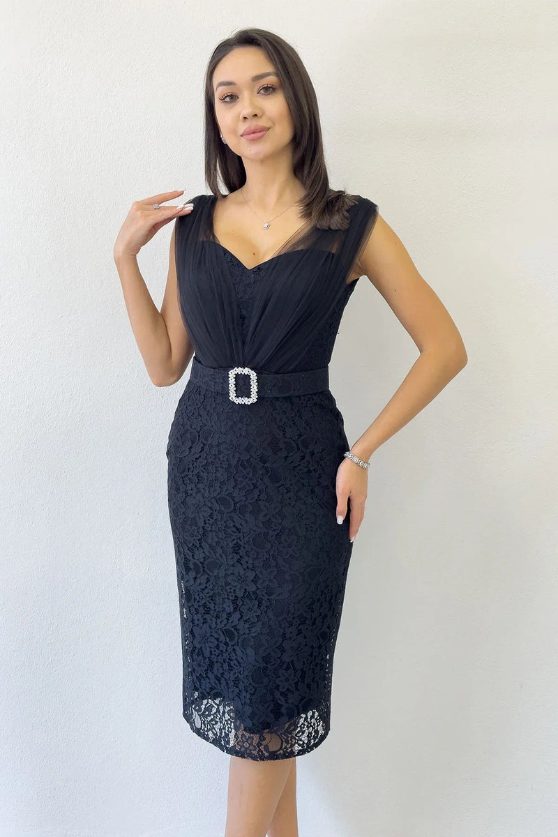 Women's Black Lace Kumaş Tulle Detail Belted Midi Evening Gown