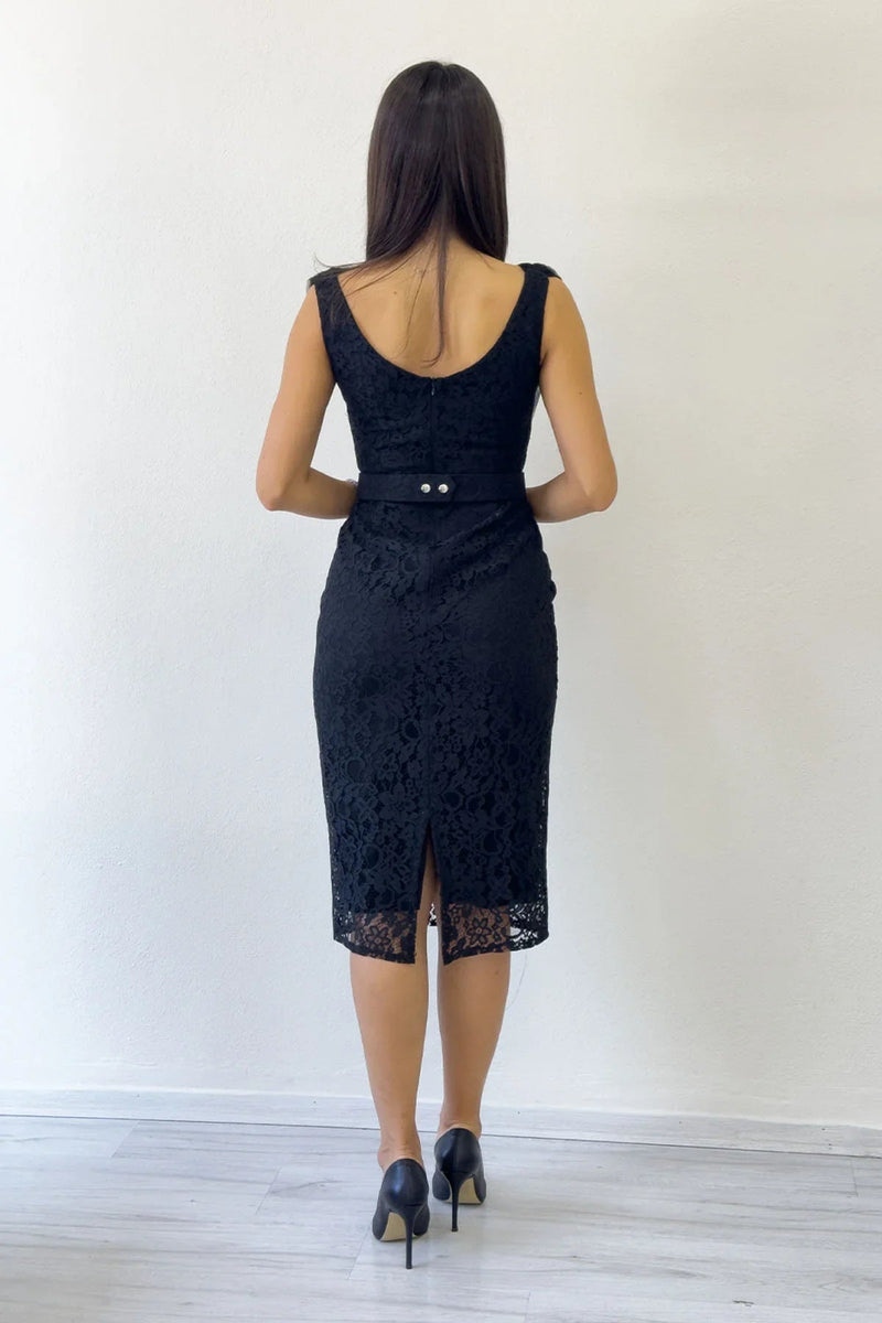 Women's Black Lace Kumaş Tulle Detail Belted Midi Evening Gown