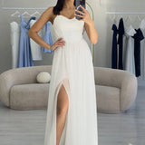 White Thin-Strapped Chiffon Evening Dress