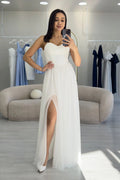 White Thin-Strapped Chiffon Evening Dress