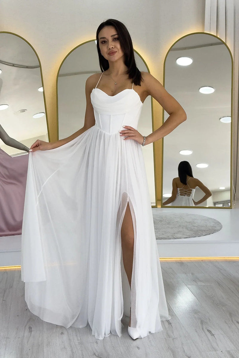 Women's White Glitter Open Back Corset Detail Slit Evening Gown