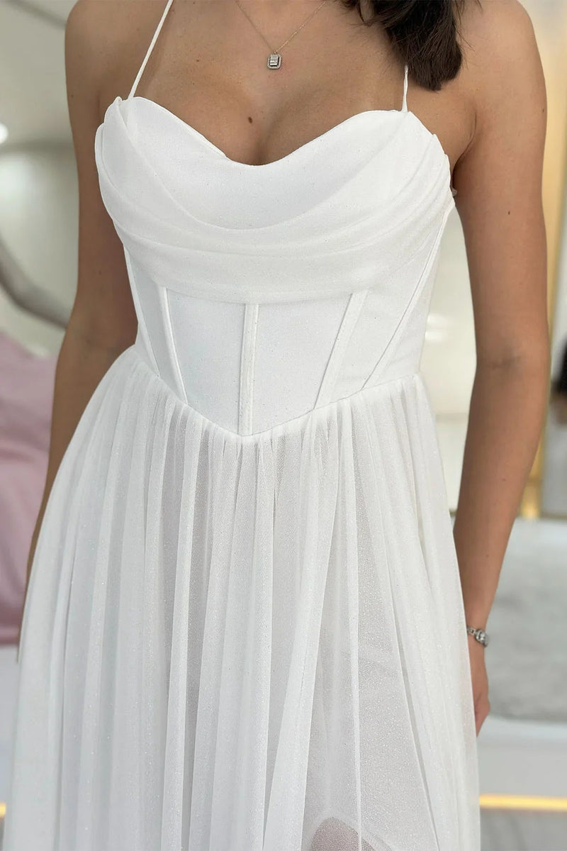 Women's White Glitter Open Back Corset Detail Slit Evening Gown