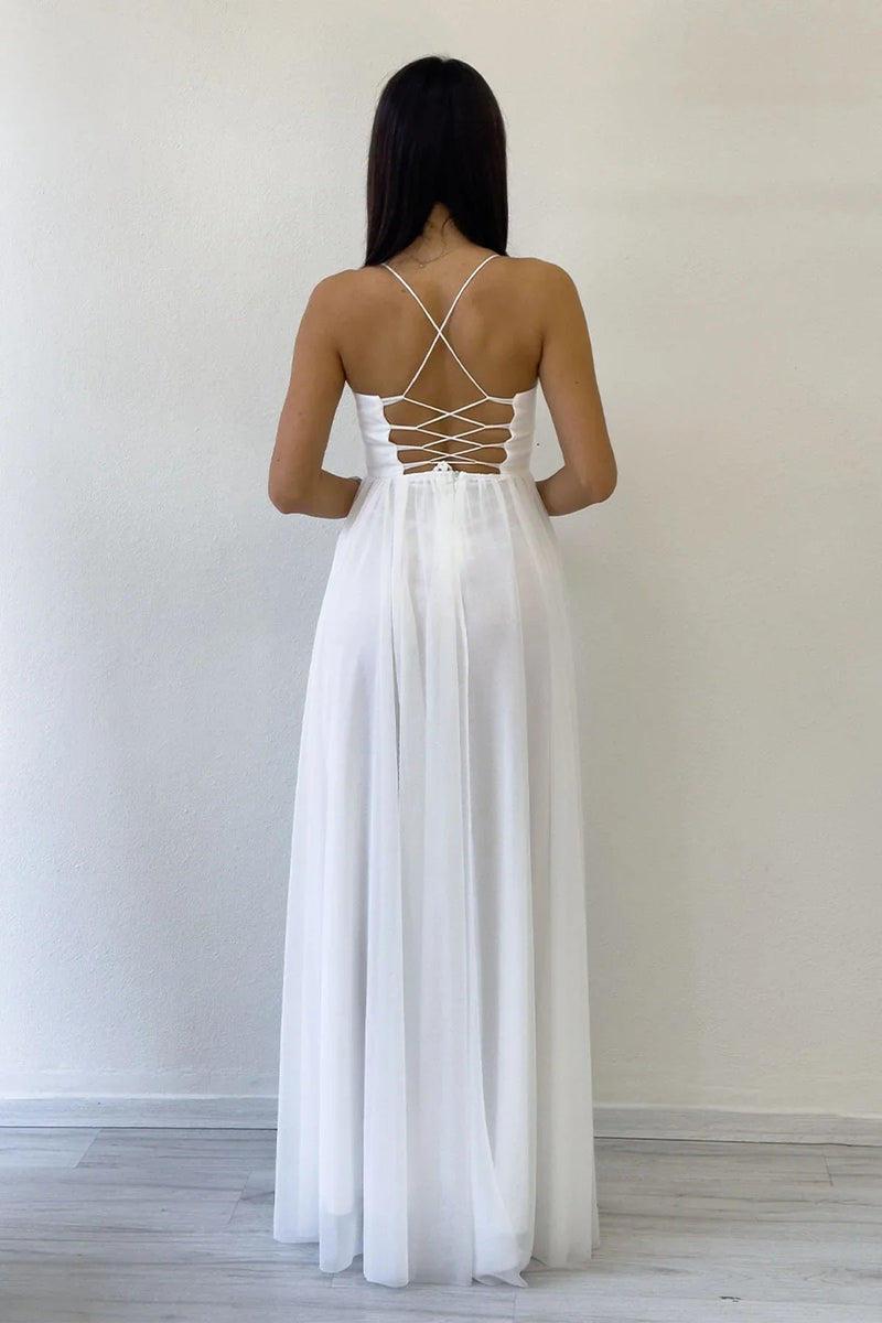 Women's White Glitter Open Back Corset Detail Slit Evening Gown