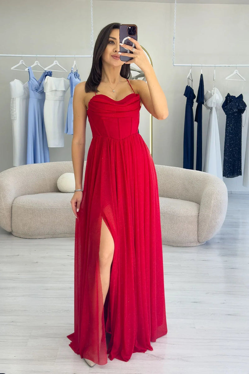 Red Thin-Strapped Chiffon Evening Dress