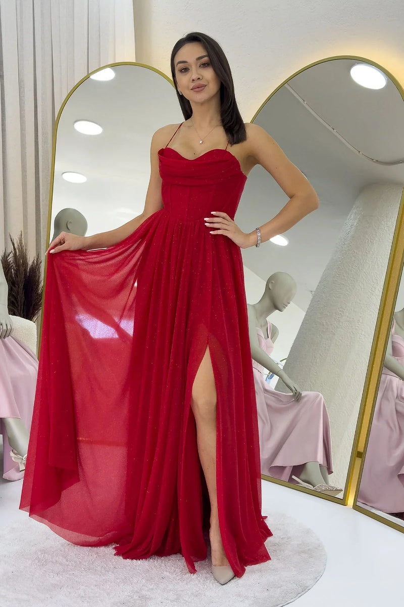 Red Thin-Strapped Chiffon Evening Dress
