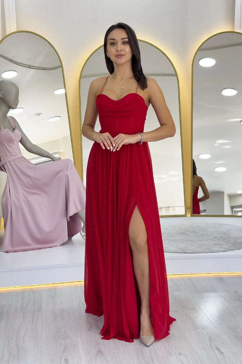Red Thin-Strapped Chiffon Evening Dress