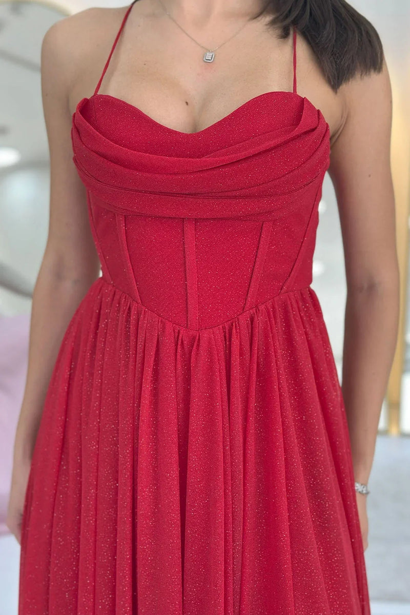 Red Thin-Strapped Chiffon Evening Dress