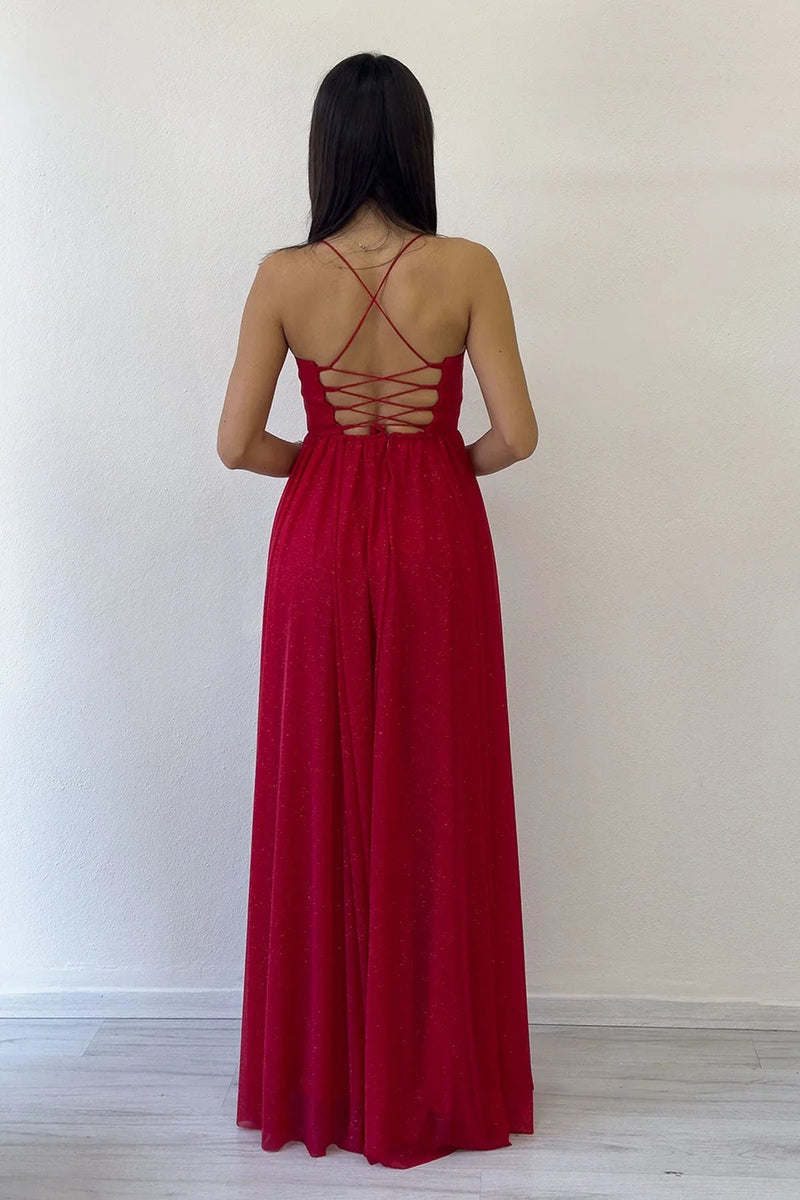Red Thin-Strapped Chiffon Evening Dress