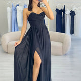 Black Thin-Strapped Chiffon Evening Dress