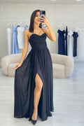 Black Thin-Strapped Chiffon Evening Dress