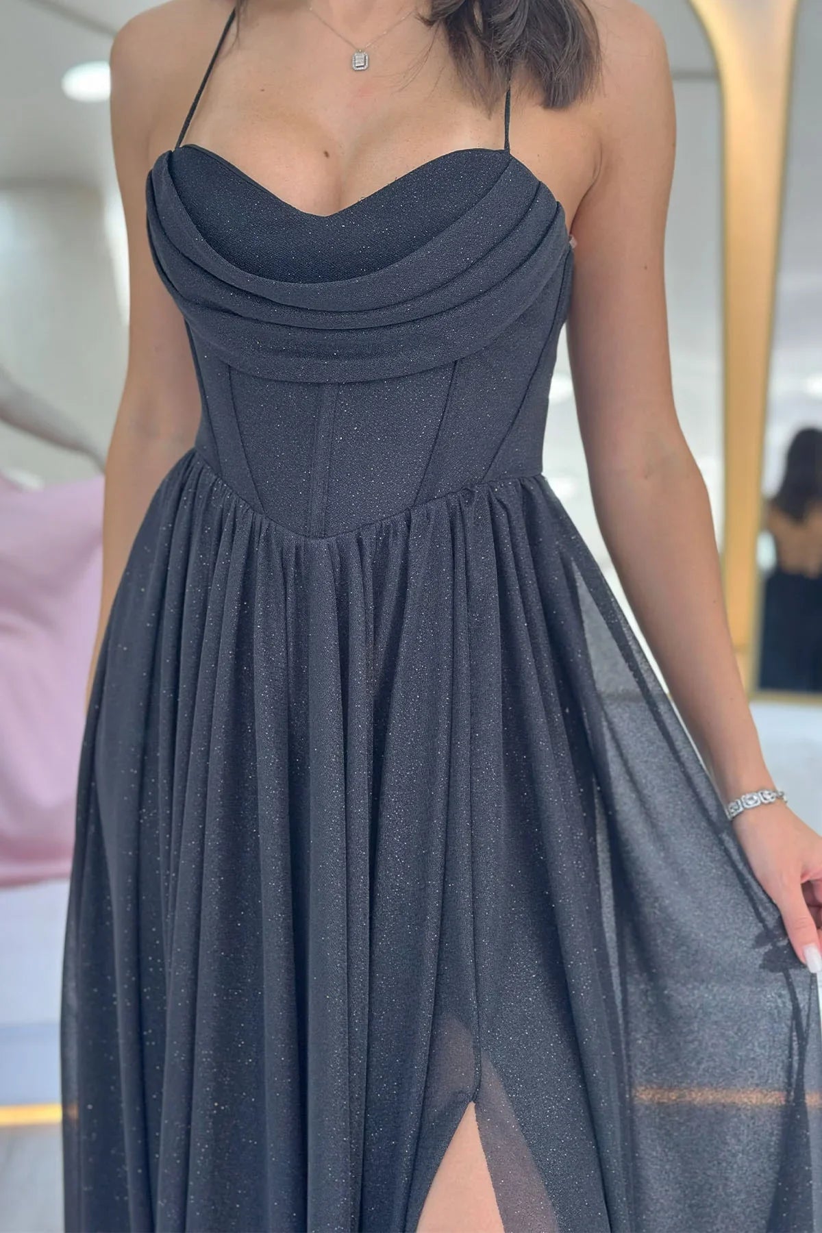 Women's Black Glitter Open Back Corset Detail Slit Evening Gown