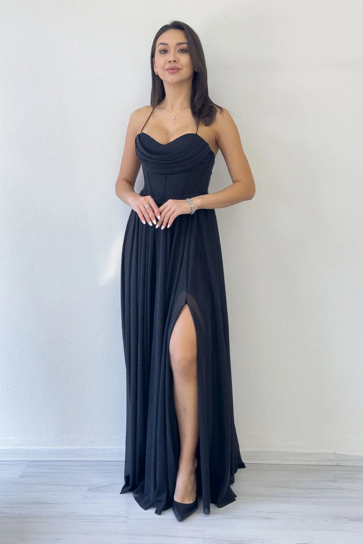 Women's Black Glitter Open Back Corset Detail Slit Evening Gown