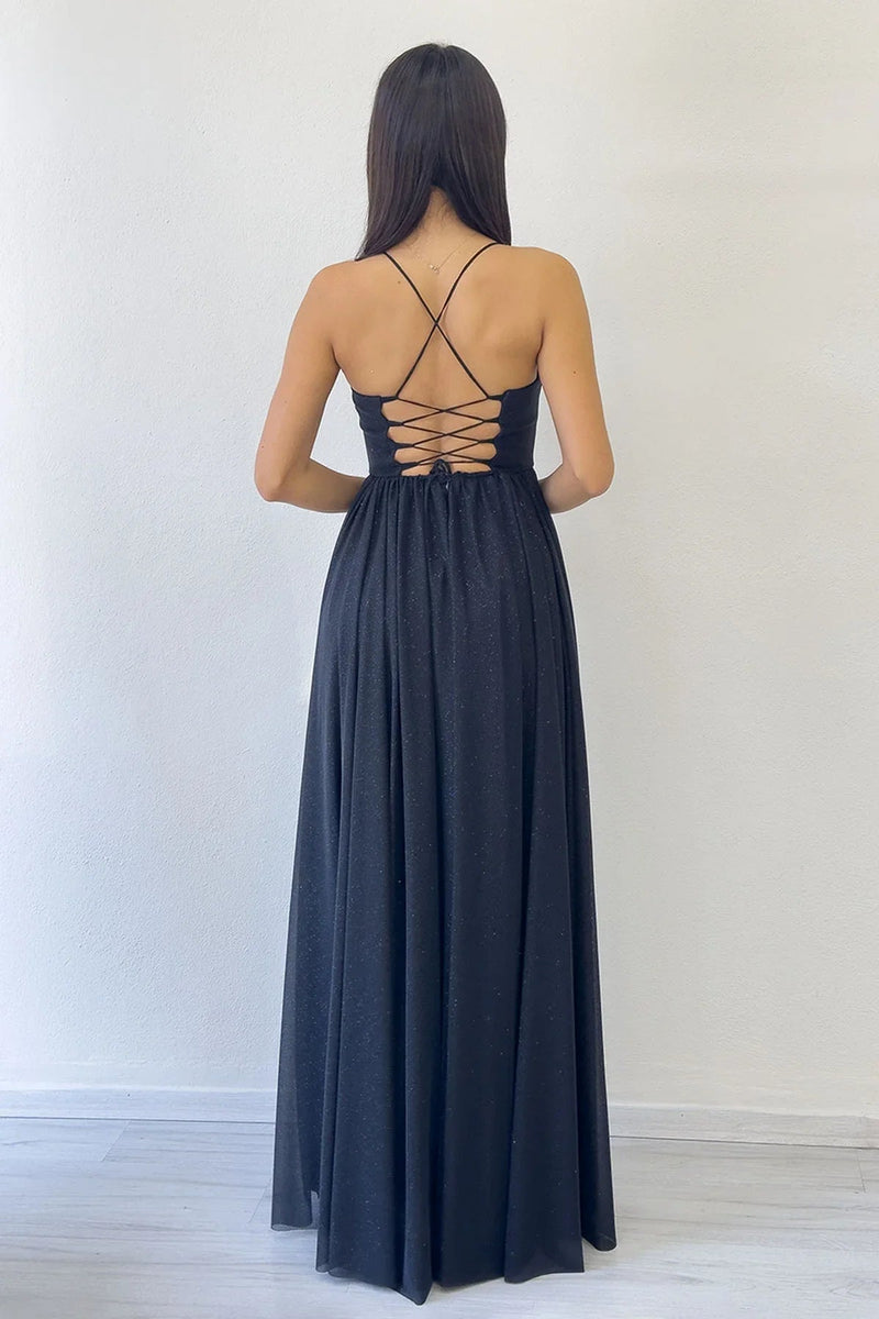 Women's Black Glitter Open Back Corset Detail Slit Evening Gown