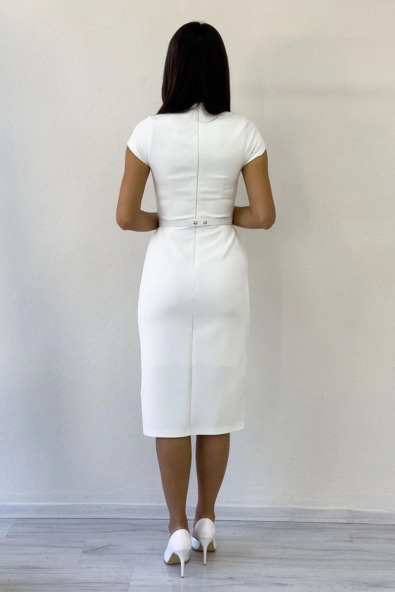 Women's White V-Neck Half Sleeve Belted Midi Pencil Dress