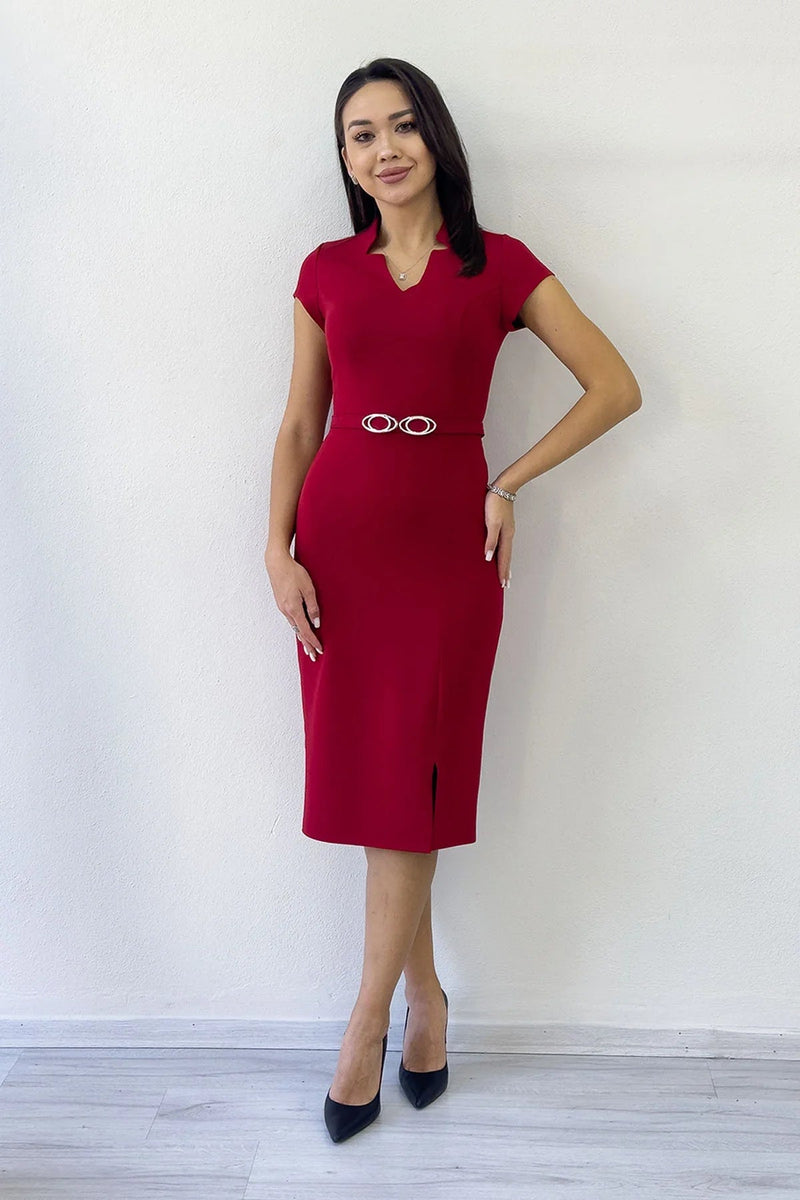 Women's Red V-Neck Half Sleeve Belted Midi Pencil Dress