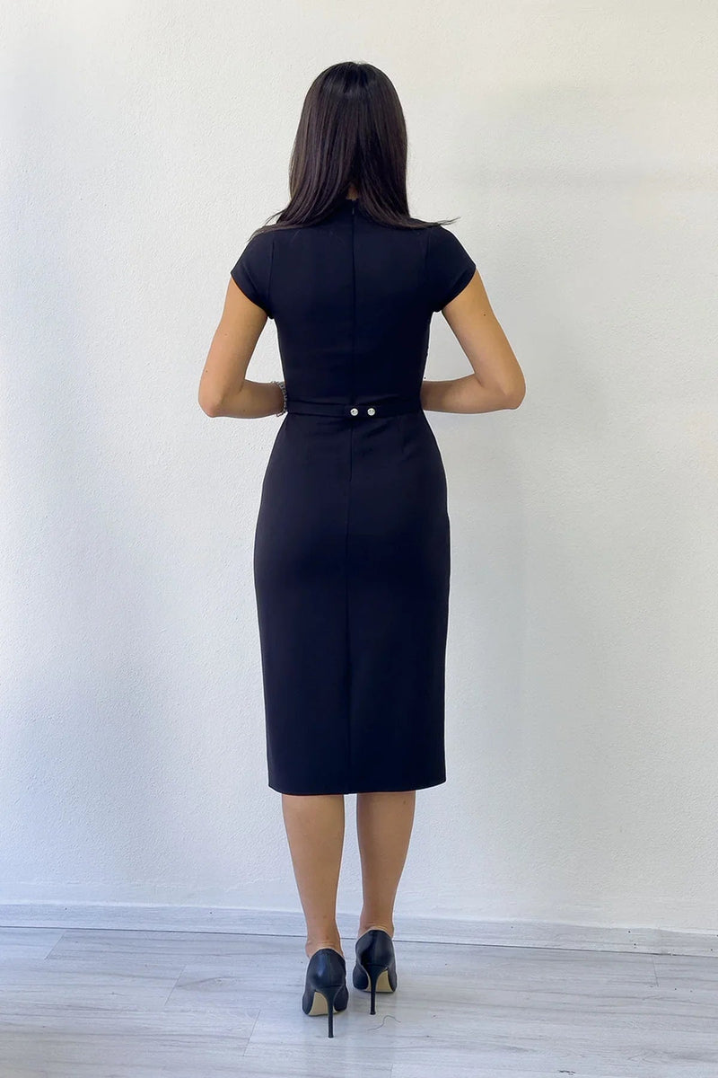 Women's Black V-Neck Half Sleeve Belted Midi Pencil Dress