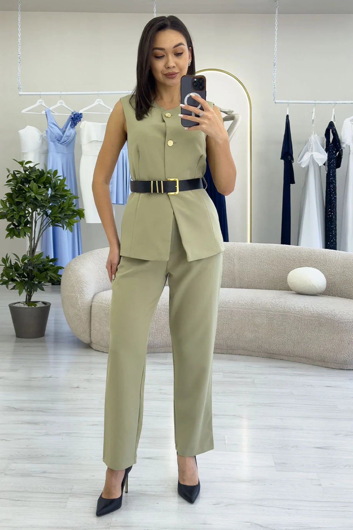 Women's Khaki Bisiklet Neck Belted İkili Co-ord Set